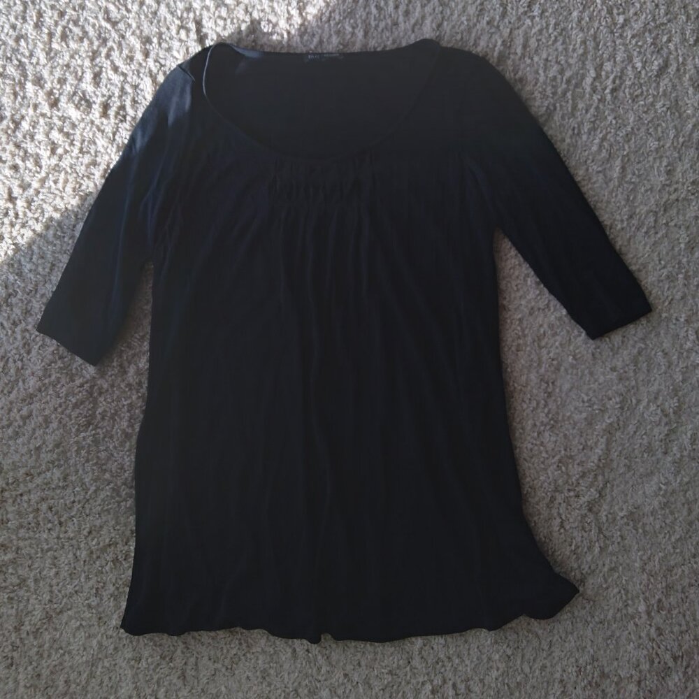 Eileen Fisher Black Silk Pleated Half Sleeve Scoop Neckline Tunic Top Size Small